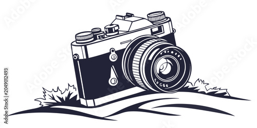 Photos Vintage film camera on grassy hill graphic illustration with photography photogr