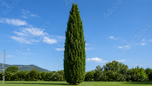 Tall green cypress tree standing in beautiful grass field under blue sky
