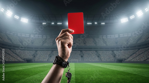 Referee hand holding a red card up in a large illuminated soccer stadium at generated using ai