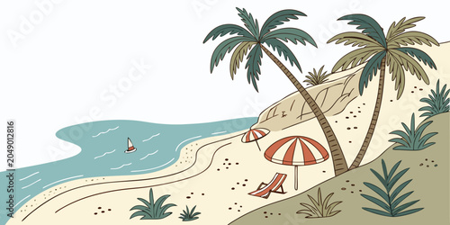 Summer beach landscape with palm trees and sun umbrellas umbrella vacation tropical sunshine landscape coastline paradise tranquil destination relaxation beautiful vacationing recreation