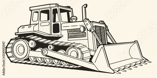 Schilderij op canvas Line art illustration of a heavy industrial bulldozer on crawler tracks isolated