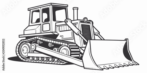 Schilderij op canvas Black and white illustration of a heavy construction bulldozer with heavy duty b