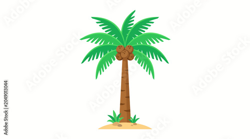 Illustration of a tropical palm tree with coconuts on a sandy beach