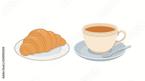 Illustration of Croissant and Tea Cup on White Background