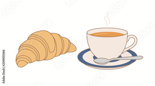 Vector illustration of croissant and steaming cup of tea