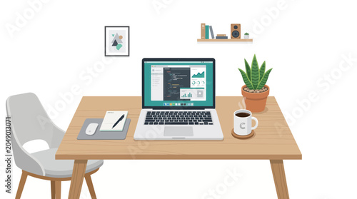 Modern workspace with laptop, coffee, and plant on wooden desk