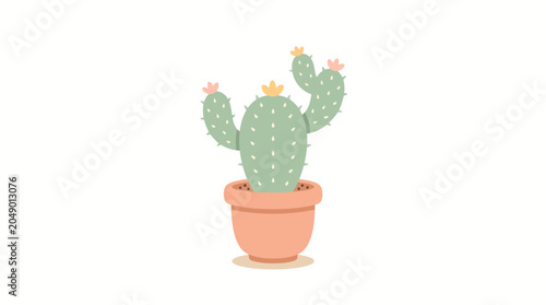 Cute cartoon cactus in a pot with small flowers