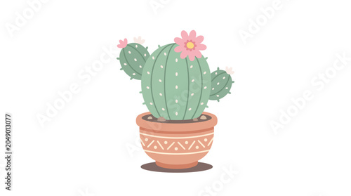 Cute cartoon cactus with pink flowers in a decorative pot