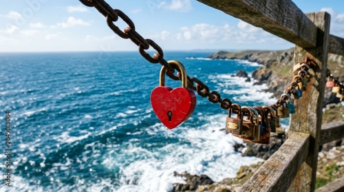 Heart-shaped lock symbolizes enduring love on a scenic coastal path overlooking the ocean.