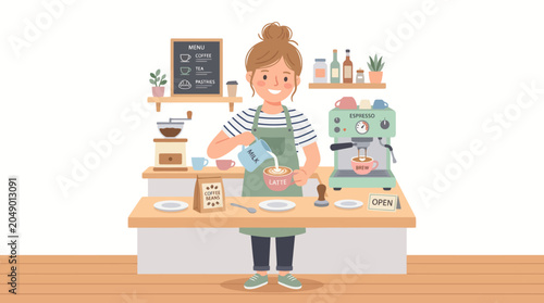 Smiling barista preparing coffee in cozy cafe setting