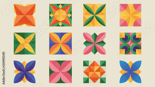 Obraz na płótnie Geometric floral ornament collection a vibrant arrangement of nine square patter
