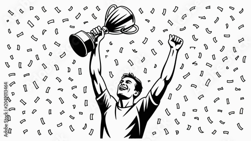 Fotografie Man holding a trophy aloft a black and white vector illustration with confetti f