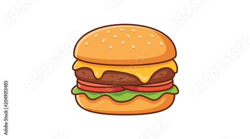 Cartoon cheeseburger with lettuce and tomato on white background