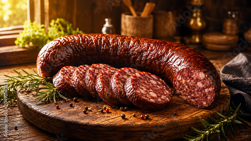 Sliced Smoked Sausage on Rustic Wooden Board with Herbs