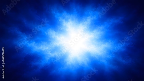 Brilliant bright light explosion glowing with energy against a dark blue background.