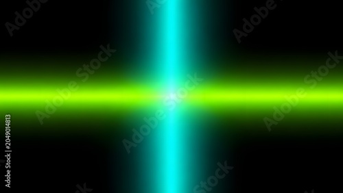 Vibrant neon lights create a luminous cross shape on a dark background.