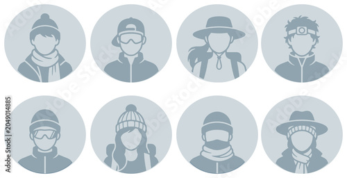 Fotografía Collection of minimalist avatar icons representing diverse outdoor activities and winter sports enthusiasts in circular frames