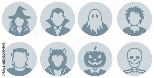 Quadro su tela Collection of Halloween monster avatar icons featuring witch vampire ghost zombie frankenstein werewolf pumpkin and skeleton