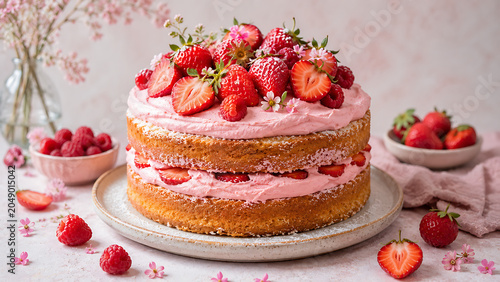 Elegant Strawberry Pink Layer Cake with Fresh Berries Decoration