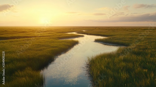 Winding river reflecting golden hour sunset light across a serene marsh landscape evoking tranquility