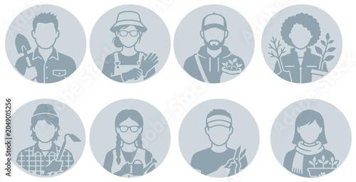 Cuadro en lienzo Set of vector avatar icons depicting diverse gardeners, farmers, and plant enthusiasts holding gardening tools and potted plants