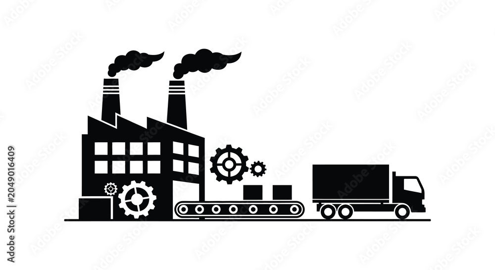 Obraz premium Industrial factory complex with smokestacks gears and transport vehicles silhouette
