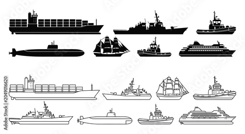 Bild auf Leinwand Collection Of Maritime Vessels In Black Silhouette