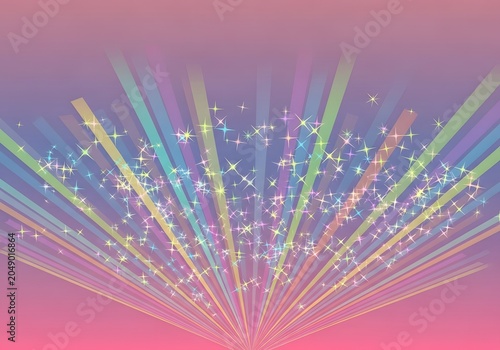 Radiating colorful beams of light and sparkling stars emanate from the bottom, creating a magical and celebratory background.
