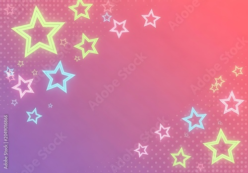 Radiant pink and purple gradient background is adorned with a scatter of neon stars in various sizes and bright, outlined shapes.