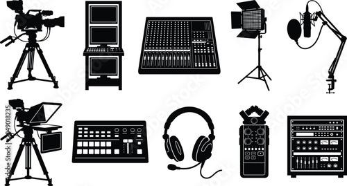 Collection of media production silhouettes featuring cameras, tripods, studio lights, monitors, microphones, and audio gear