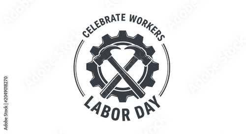 Tablou pe pânză Labor day celebration emblem featuring crossed hammers within a gear symbol repr