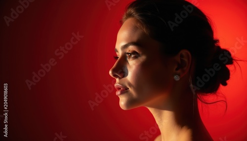 Side profile elegant young woman with glowing skin, dark hair in bun, wearing diamond stud earring. Studio lighting with red backdrop, soft shadows.