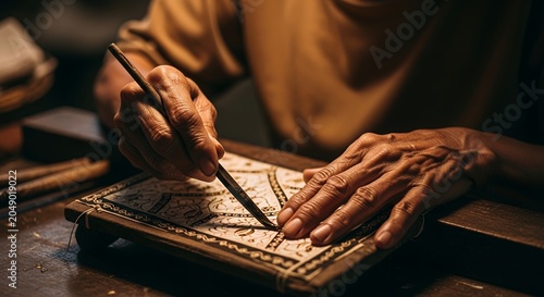 Close up of an artisan hands meticulously crafting traditional patterns on a wooden block in a rustic workshop