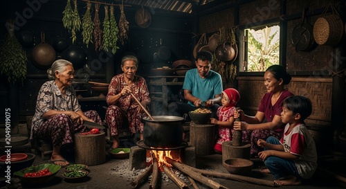 Multi-generational family preparing a traditional meal together in a rustic village kitchen with open wood fire and ancient cooking techniques