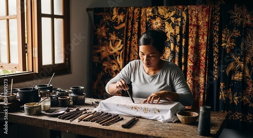 Female artisan meticulously applying wax to create traditional batik textile patterns in a rustic workshop setting with artistic fabrics
