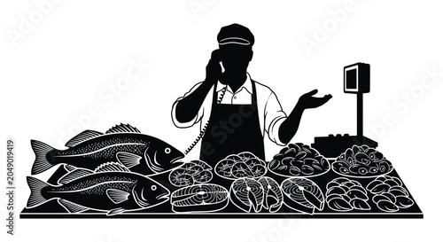 Foto fishmonger at market stall with fish and seafood in black silhouette