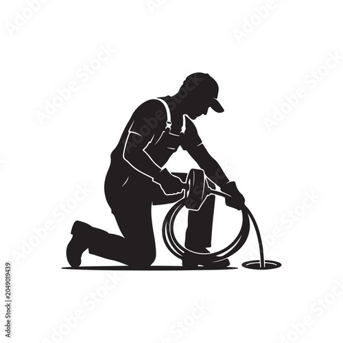 Black silhouette of a plumber kneeling and using a drain cleaning cable machine to clear a pipe blockage on a plain white background