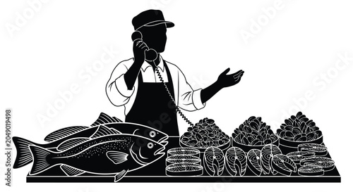 Bild auf Leinwand fishmonger talking on the phone with display of fish and seafood black silhouett