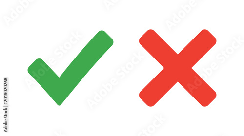 Cuadro en lienzo Green checkmark and red cross symbols flat vector silhouettes on white backgroun