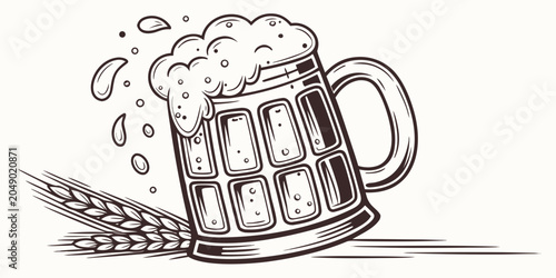 Obraz na płótnie Full beer mug with spilling foam and decorative wheat beverage refreshment illus