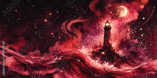 Φωτογραφία Red Cosmic Watercolor Lighthouse In Stormy Ocean Waves