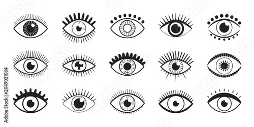 Artistic eye illustrations with ornate details, lashes, and varied pupils, conveying mystic and spiritual views.