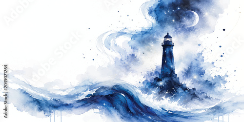 Foto Blue Watercolor Lighthouse In Stormy Ocean Waves