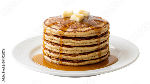 Картината върху платно Pancake stack with maple syrup and butter on plate, isolated breakfast food cuto