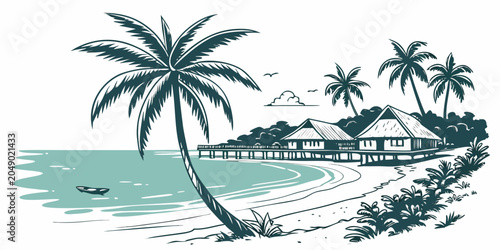 Canvas-taulu Tropical overwater bungalows with palm trees and boat bungalows tropical vacatio