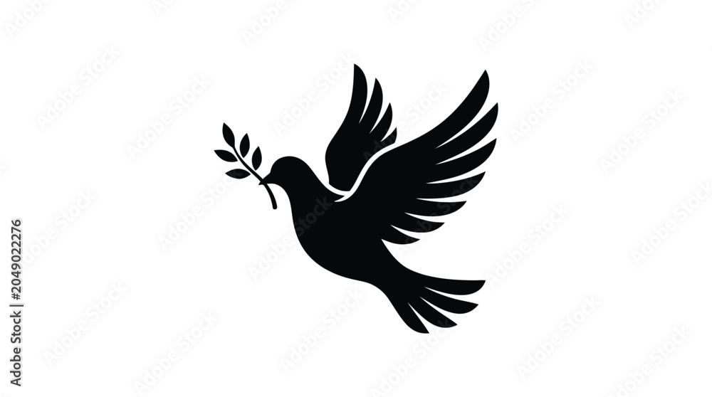 Fototapeta premium Flying dove with olive branch black silhouette against a white background silhouette