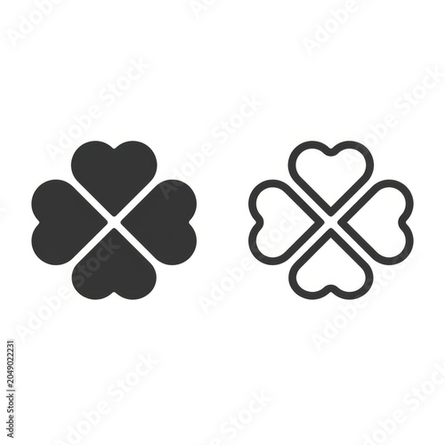 Simple four-leaf clover symbols, one solid and one outline, representing luck and good fortune.