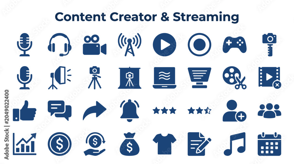 Fototapeta premium Content Creator and Streaming Icons Set Digital Media Production Equipment and Online Broadcast Symbols