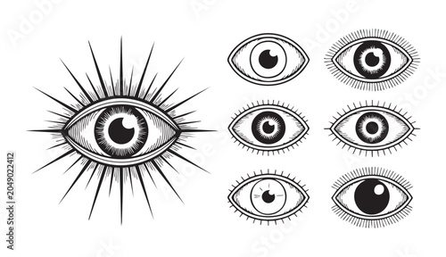 Quadro su tela Vintage style eye symbols collection featuring detailed rays and iris patterns for artistic designs