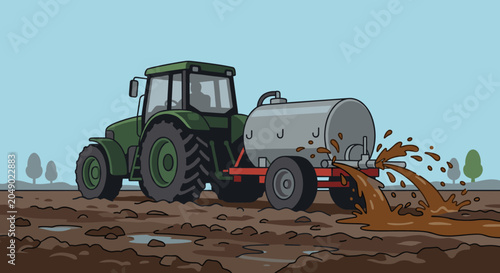 Green tractor pulling a slurry tanker trailer spreading liquid manure on a muddy agricultural field under a clear blue sky in a flat vector illustration style